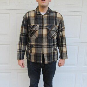 1970s Men's gray, tan, and brown plaid wool coat, Sears coat, Large